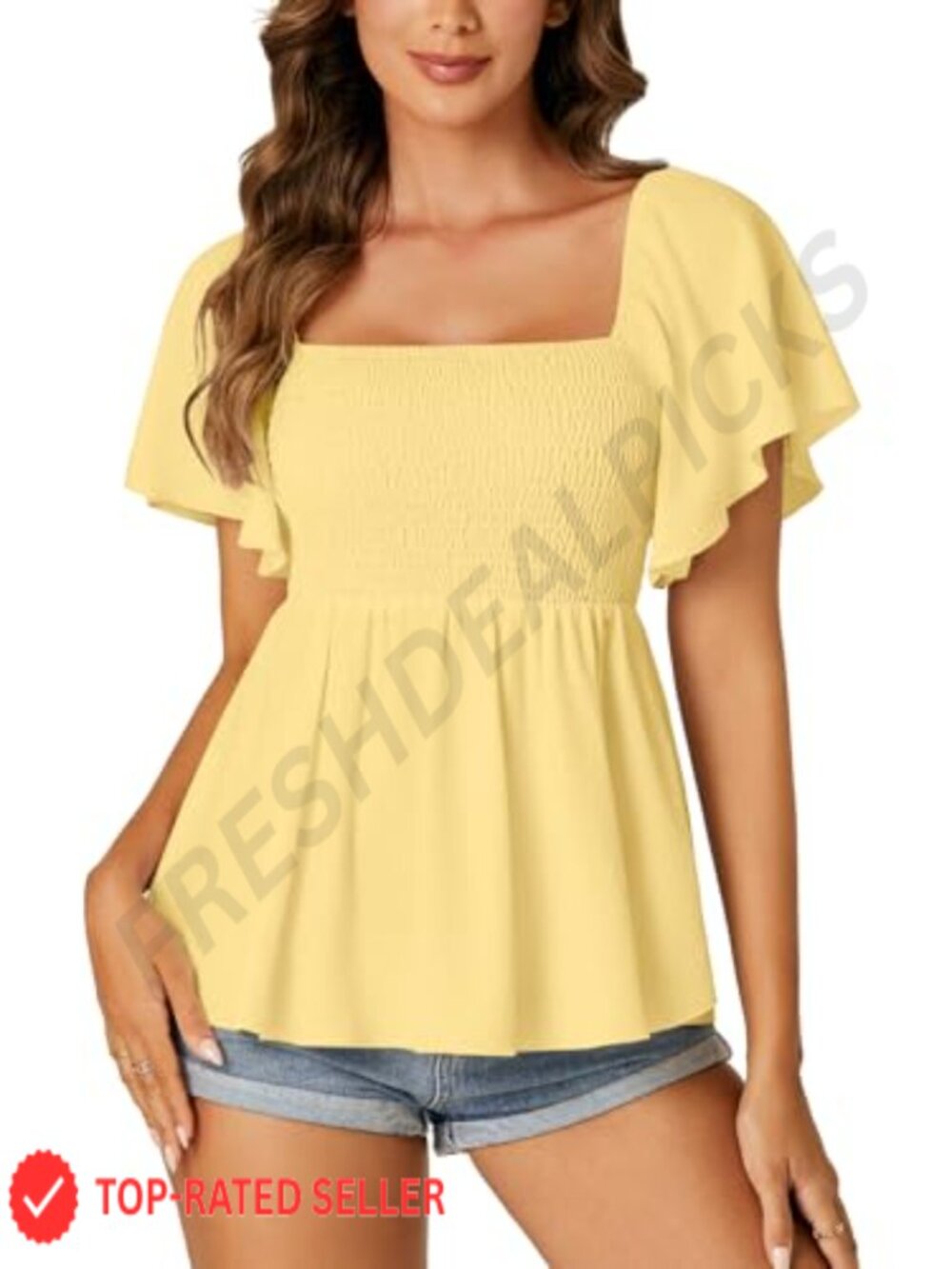 Women's Square Neck Peplum Blouse Butterfly Sleeve Smocked Top